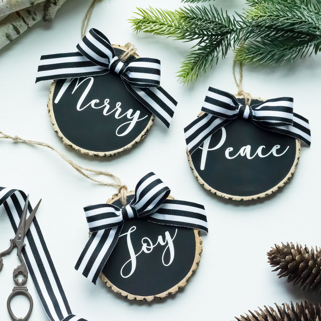 Christmas Ornaments Set Peace Joy Merry | Farmhouse Black White Wood Slices with Ribbon - Set of 3