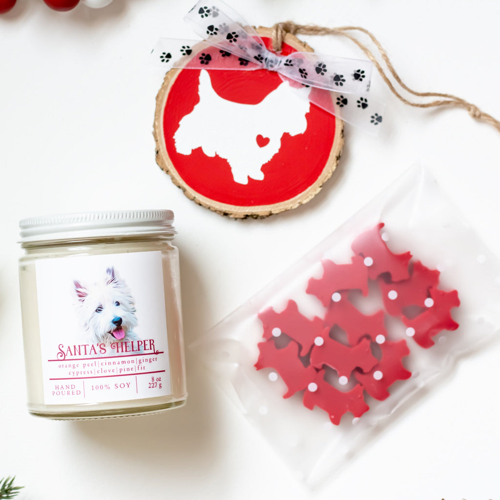 Westie Christmas Gift Bundle | Gift Bundle Santa's Helper Christmas Candle + West Highland White Terrier Ornament + 10 Mini Westie Wax Melt