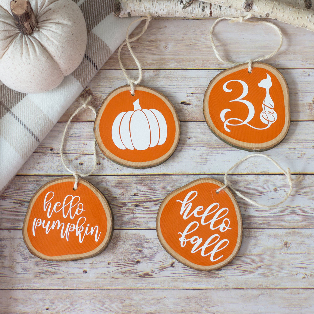 Fall Decor Ornaments Set of 4 - Tiered Tray Decor Halloween Fall Thanksgiving - Orange White Wood Slices - Jarful House