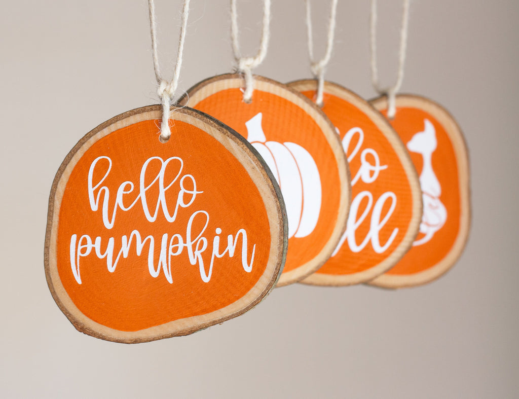 Fall Decor Ornaments Set of 4 - Tiered Tray Decor Halloween Fall Thanksgiving - Orange White Wood Slices - Jarful House