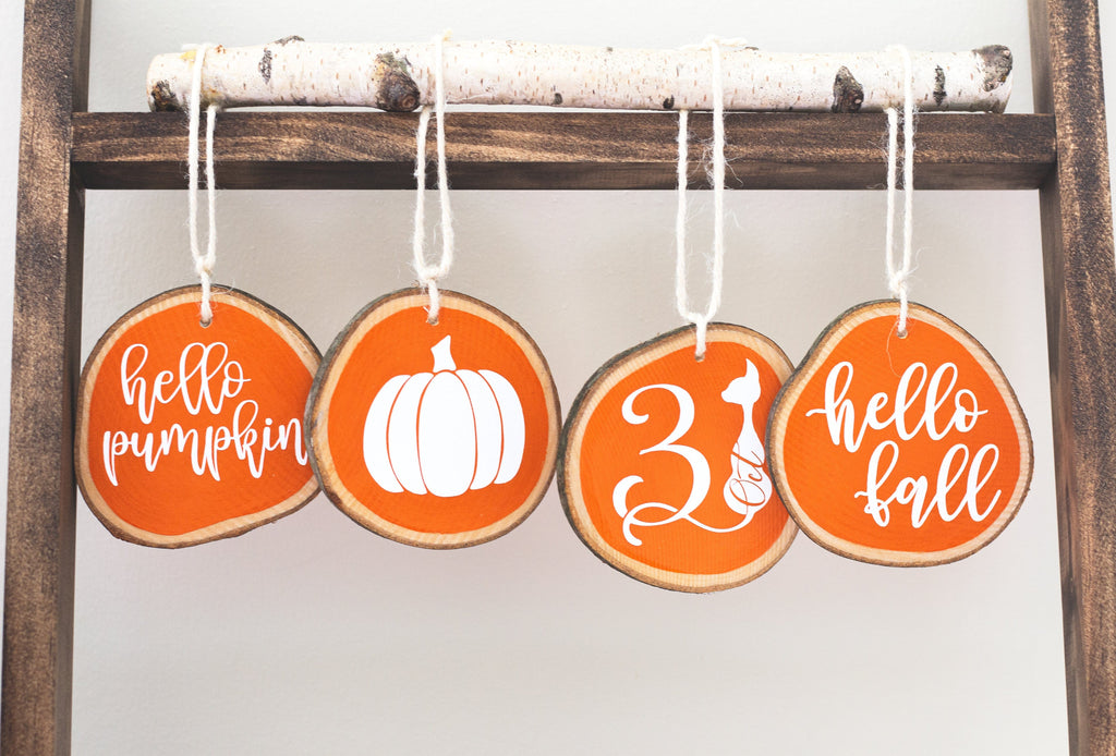 Fall Decor Ornaments Set of 4 - Tiered Tray Decor Halloween Fall Thanksgiving - Orange White Wood Slices - Jarful House