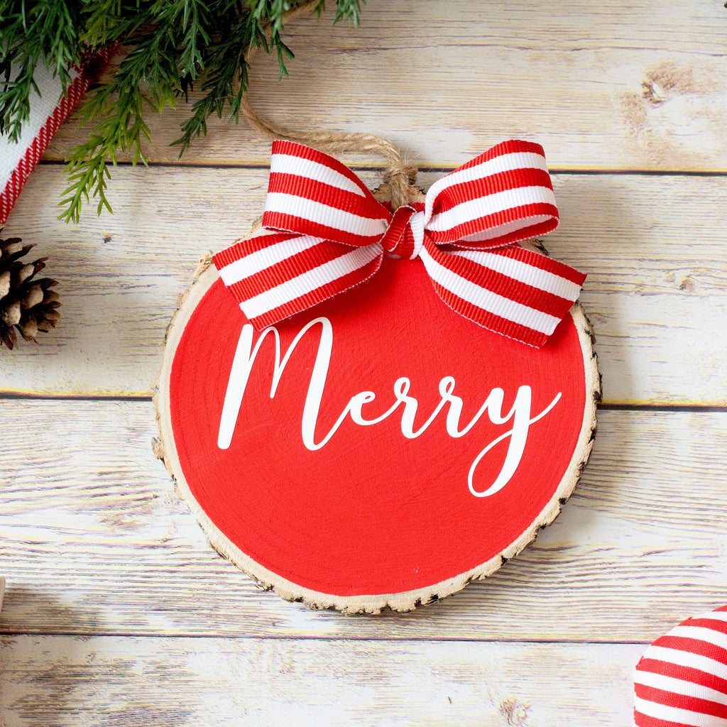 Christmas Ornaments Set Peace Joy Merry | Red White Wood Slices - Set of 3