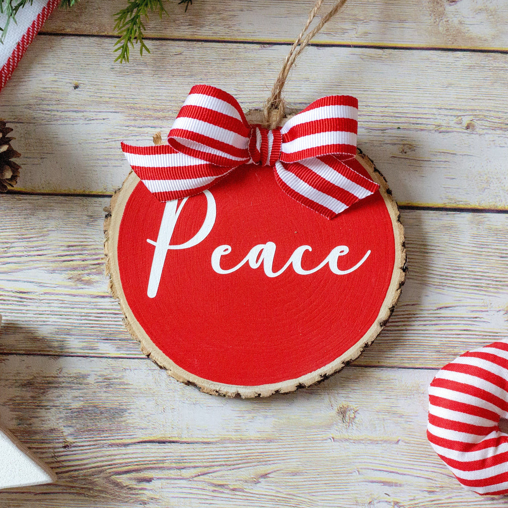 Christmas Ornaments Set Peace Joy Merry | Red White Wood Slices - Set of 3