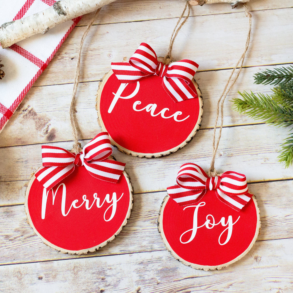 Christmas Ornaments Set Peace Joy Merry | Red White Wood Slices - Set of 3