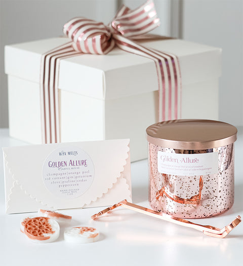 Golden Allure Gift Set: Candle, Wax Melts, Rose Gold Wick Trimmer Bundle