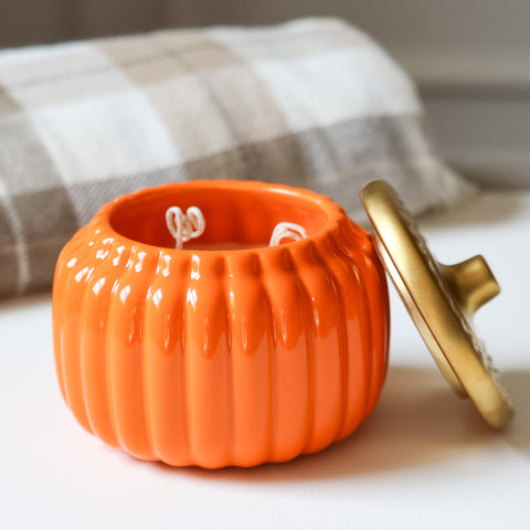 Pumpkin Swirl Ceramic Pumpkin Candle – 3‑Wick, Gold Lid, Maple Cinnamon Vanilla Scent