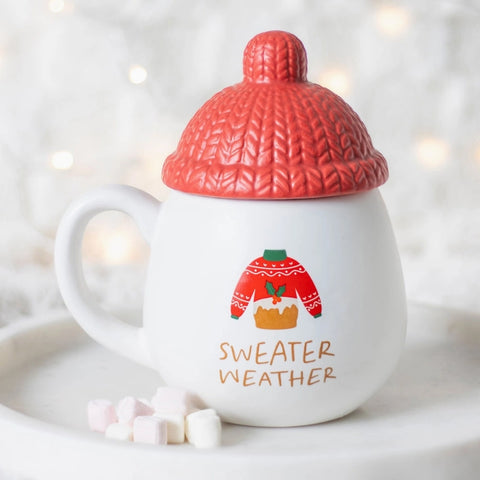 Chrismas Sweater Weather Mug with Red Bobble Hat Lid