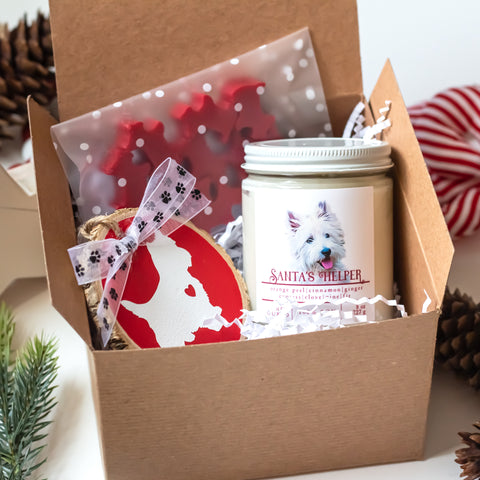 Westie Christmas Gift Box | Gift Bundle Santa's Helper Christmas Candle + West Highland White Terrier Ornament + 10 Mini Westie Wax Melt