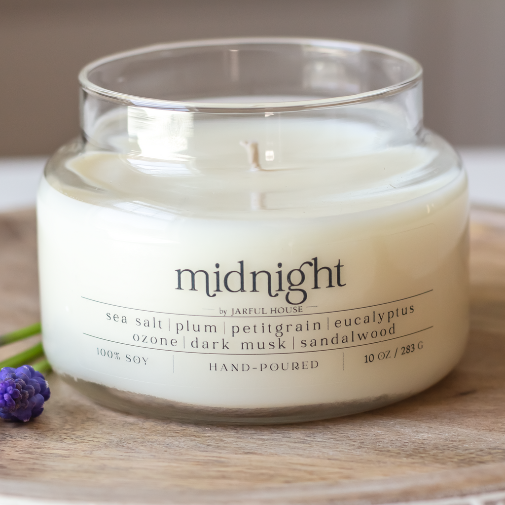 Midnight Scented Soy Candle | Sandalwood + Sea Salt + Eucalyptus -10 oz.